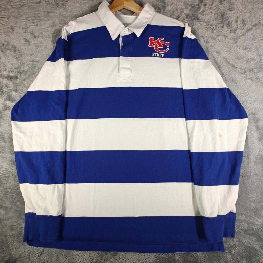Chiefs KC Staff SportTek Rugby Shirt Men 2XL Blue White Striped Long Sleeve Polo